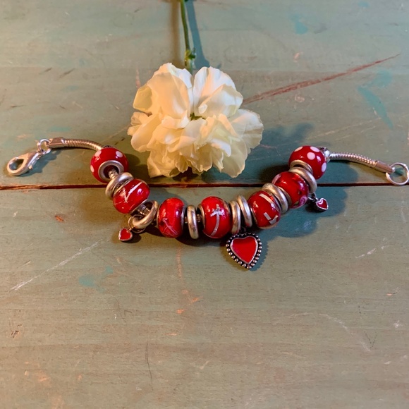 Hearts - Enameled Red Heart Drop Charm Bracelet -  Red Bead Bracelet - Picture 3 of 7